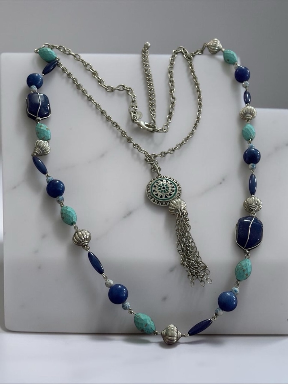 Turquoise & Navy Beaded Pendant Necklace